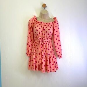 PrettyLittleThing- Dusty Pink Polka Dot Bardot Tie Waist Shift Dress Size 2